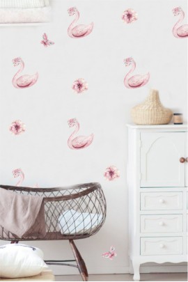 Pembe Kuğu ve Mini Şakayıklar Çocuk odası Stickerı