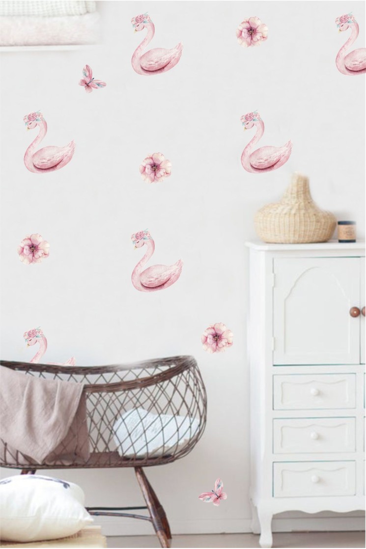 Pembe Kuğu ve Mini Şakayıklar Çocuk odası Stickerı